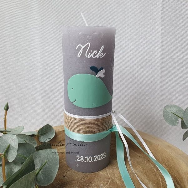 Taufkerze Rustikkerze Wal -minimalistisch- verziert Mint-Weiß